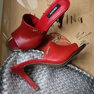 DKNY Bold Red Heeled Mules